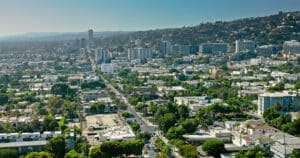 Aerial View of Santa Monica Blvd in West Hollywood, CA on a Sunny Day
