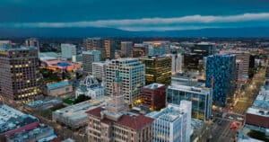 Aerial View of Downtown San Jose at Sunrise Looking Past Spire of Bank of Italy Building